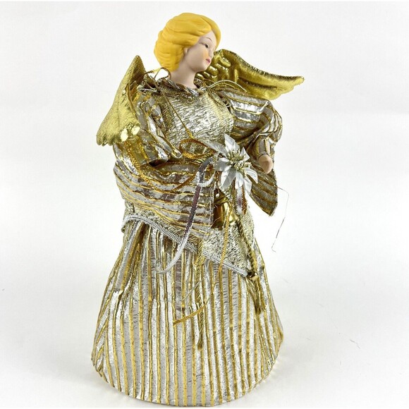 Golden Winged Angel Christmas Tree Topper with Bell & Flower Porcelain Face 12in - Picture 12 of 13
